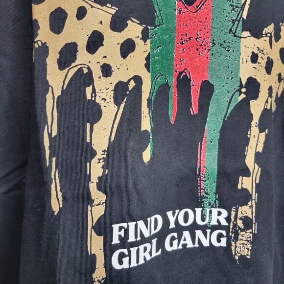 Designer-Ish Girl Gang Black Leopard Print Green Red V Neck Tee Shirt Top NEW 2X - Picture 2 of 6